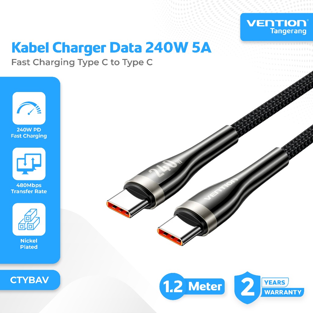 Vention Kabel Charger Data USB 2.0 Type C to Type C Fast Charging 240W 5A For Handphone & Laptop Nyl