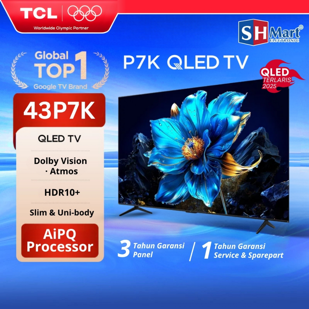 Tcl Tv Qled 43 Inch P7K Qled Tv 4K UHD Tcl 43P7K Google TV 60Hz VRR New 2025 Garansi Resmi (MEDAN)
