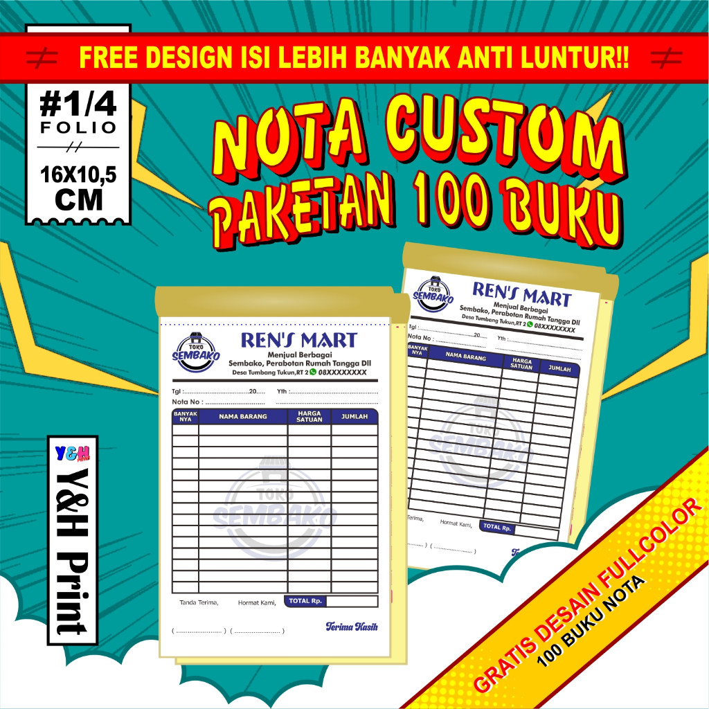 Cetak Nota Invois invoice Custom 1/4 Paketan 100 Buku / Y&H Print