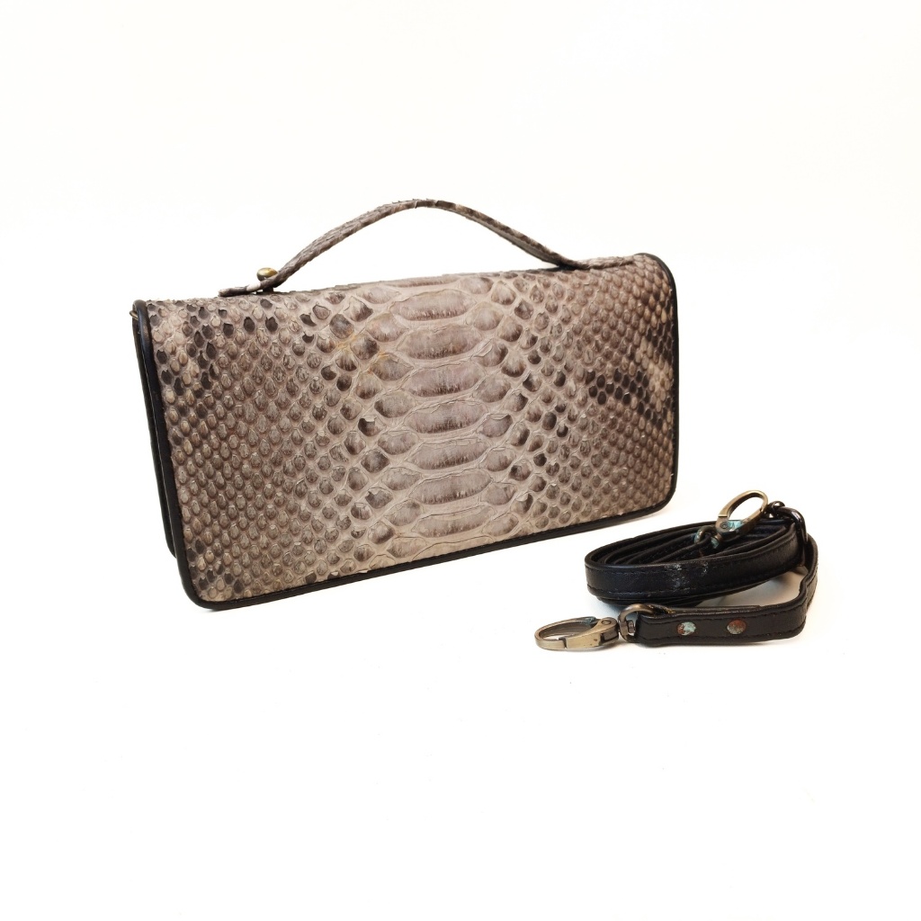 Dompet Tas Tangan Wanita Premium Kulit Ular Python Asli Putih - 12 Kartu, Uang, Handphone, Risleting