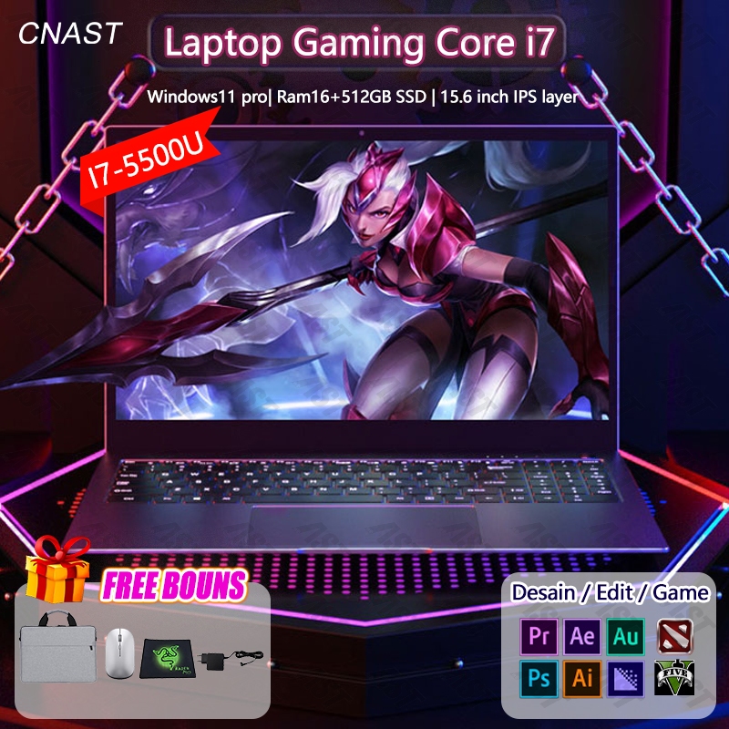 CNAST Laptop Intel Core i7 Gaming 16GB RAM 512GB/1TB SSD 15.6 inch untuk Programming baru Windows11