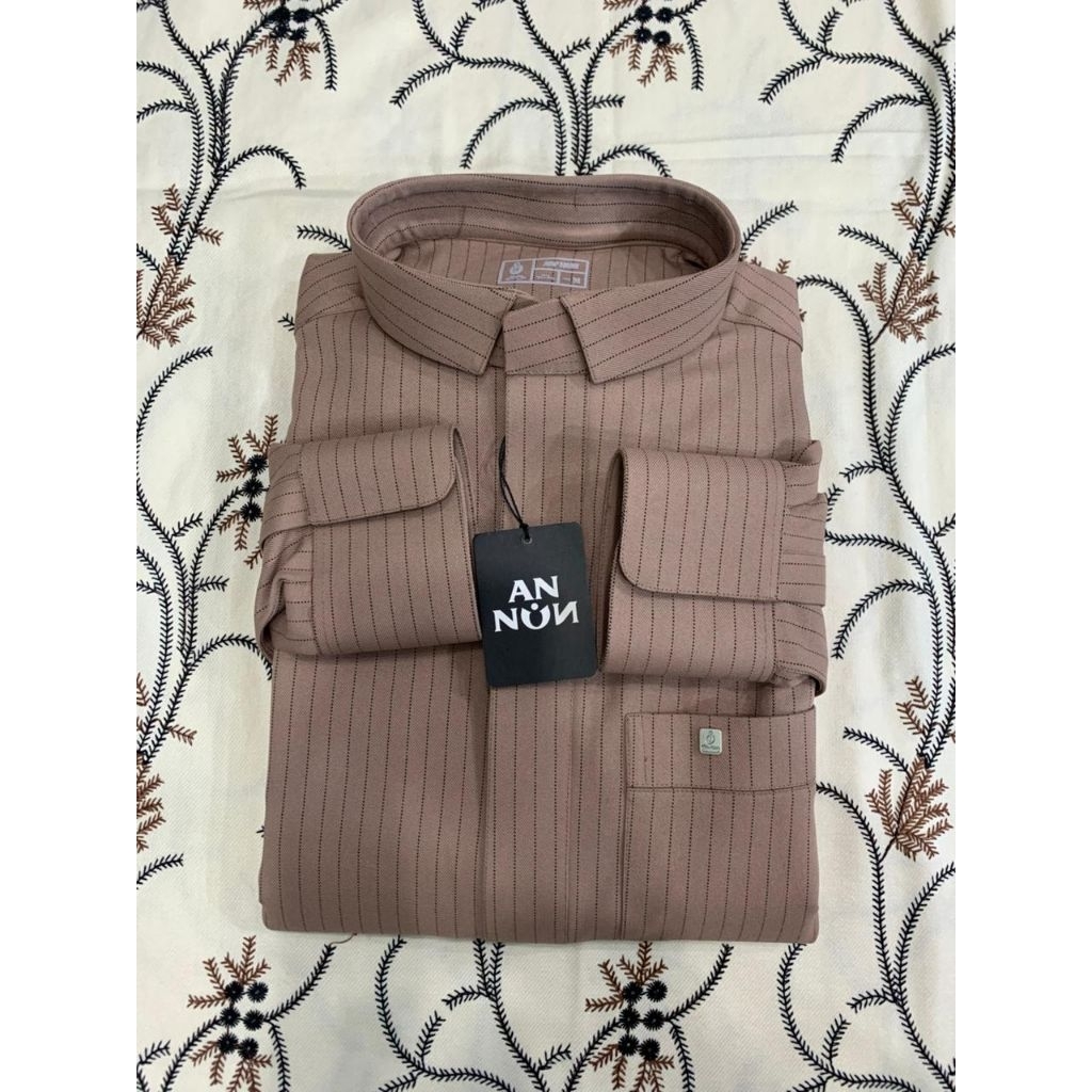 Gamis pria modern Katun premium, Jubah pria Salur Kerah kemeja  stripe / Motif Garis garis , Lengan 