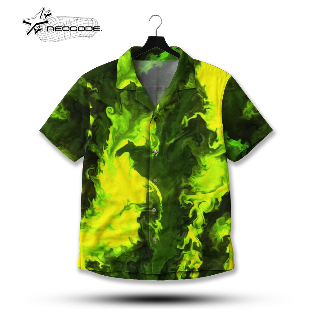 NEOCODE Kemeja Pendek Motif Abstrak Psychedelic Hijau Kuning – Shirt Aesthetic Streetwear Unisex | N
