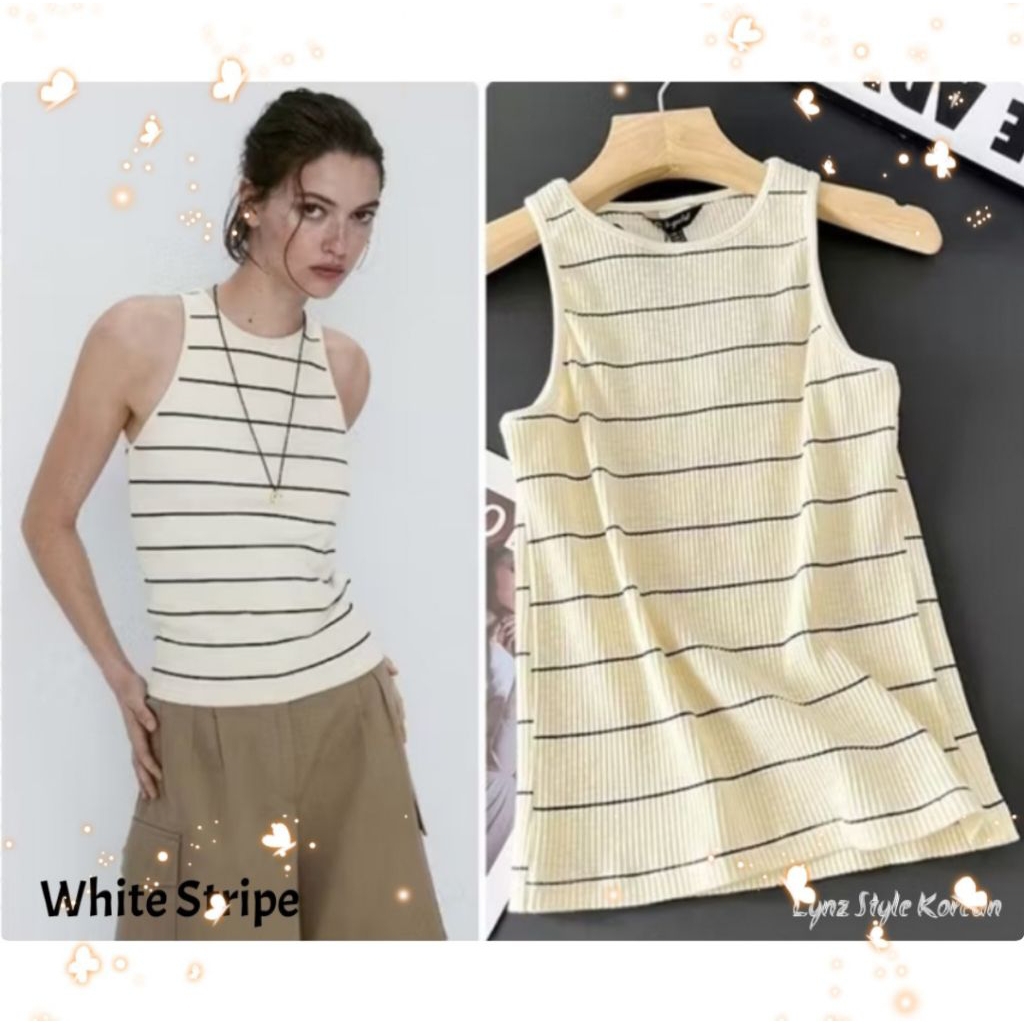 Blouse Atasan Baju Wanita Tank Top Rajut Garis Hitam Putih Beige White Cream Style Korea Import