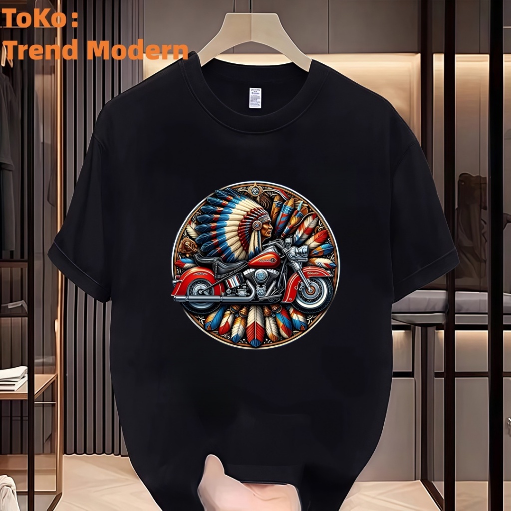 COD Kaos Pria Merek Trendy dengan Desain Cetak Kepala Orang India - Atasan Kreatif dengan Gaya Unik.