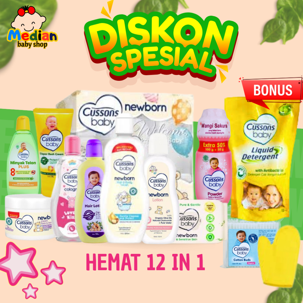 Cussons Baby Newborn Set - Paket Hemat 12 in 1 Perlengkapan Mandi Bayi Baru Lahir Kado Lahiran
