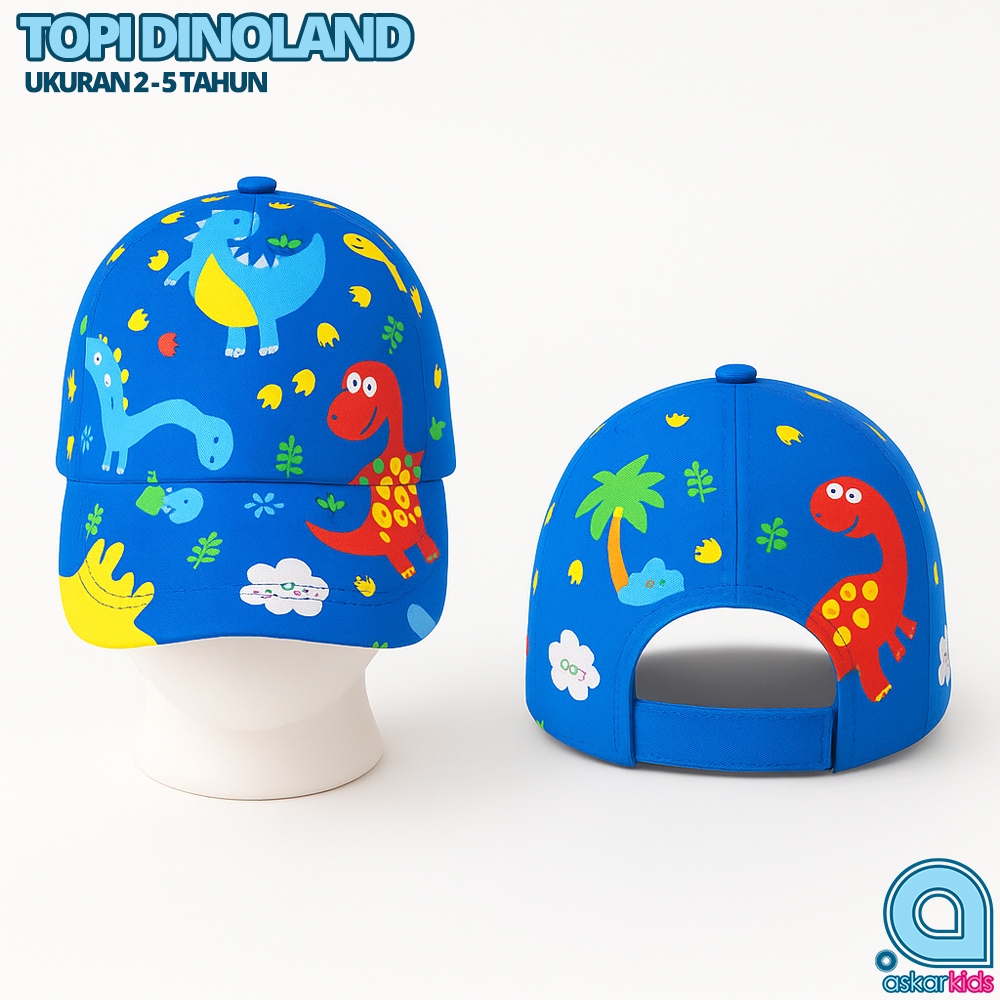 TOPI ANAK DINOLAND | Topi Laki-laki Perempuan Karakter Dinosaurus Lucu Usia 2–5 Tahun