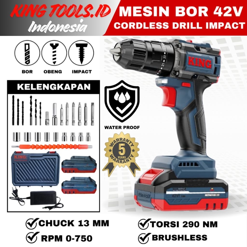 Mesin Bor Baterai 42V King BRUSHLESS Cordless drill impact 3 mode 13 mm komplit fulset bor tanpa kab
