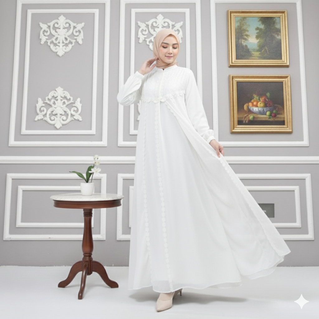 Kalima Collection Gamis Dress Umroh Putih Ceruty Babydoll Kombinasi Renda Mewah Busui Friendly