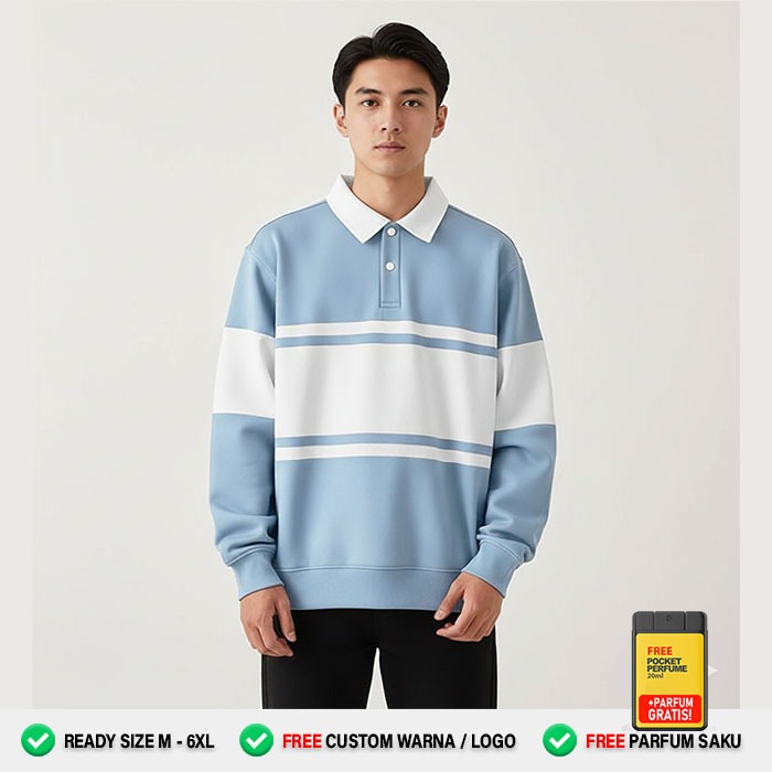 Sweater kerah Pria wanita Kekinian BABY BLUE PUTIH – Polo Crewneck oversize strip tengah - Sweater L