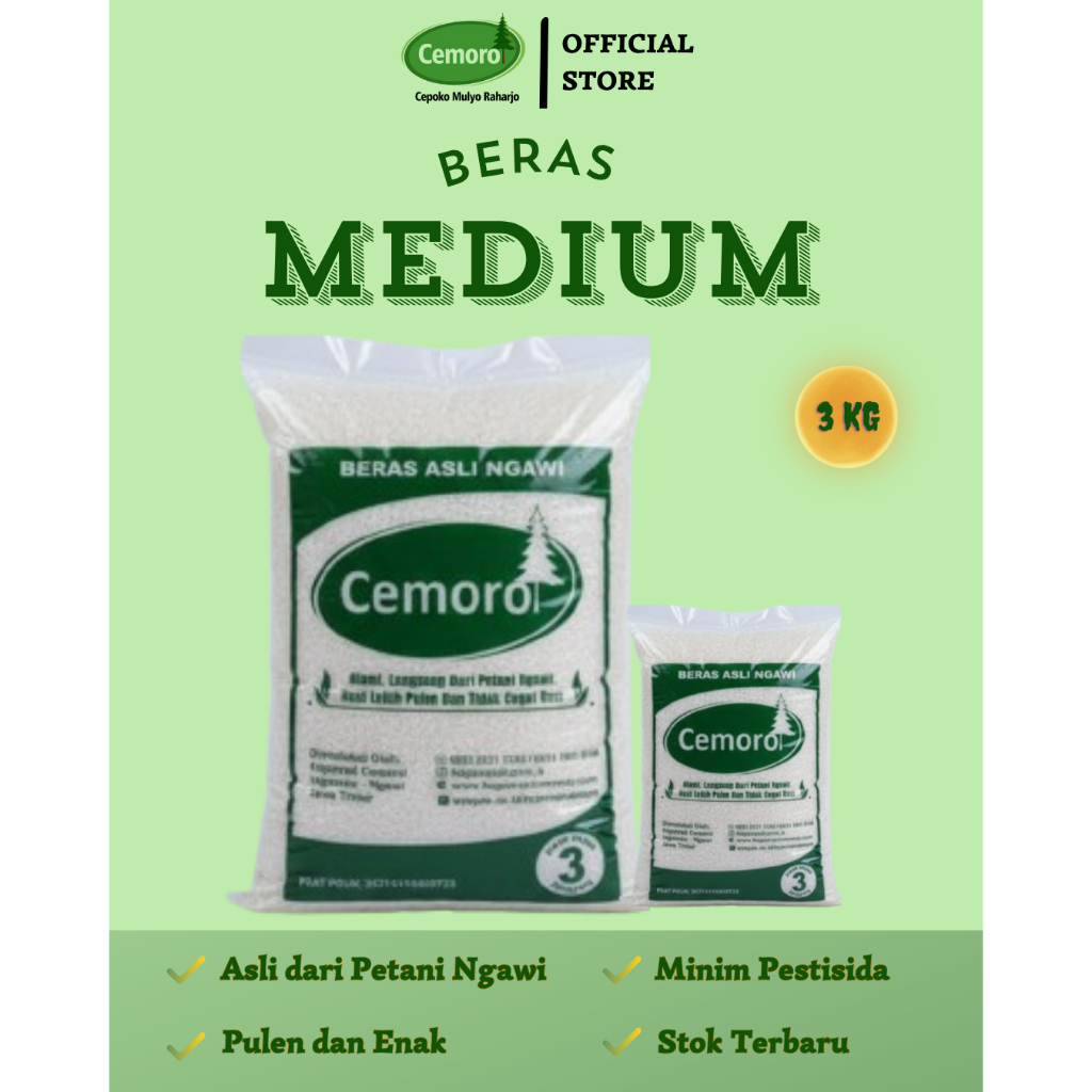Beras enak asli Ngawi - Beras medium - Beras pulen - Kemasan 3kg