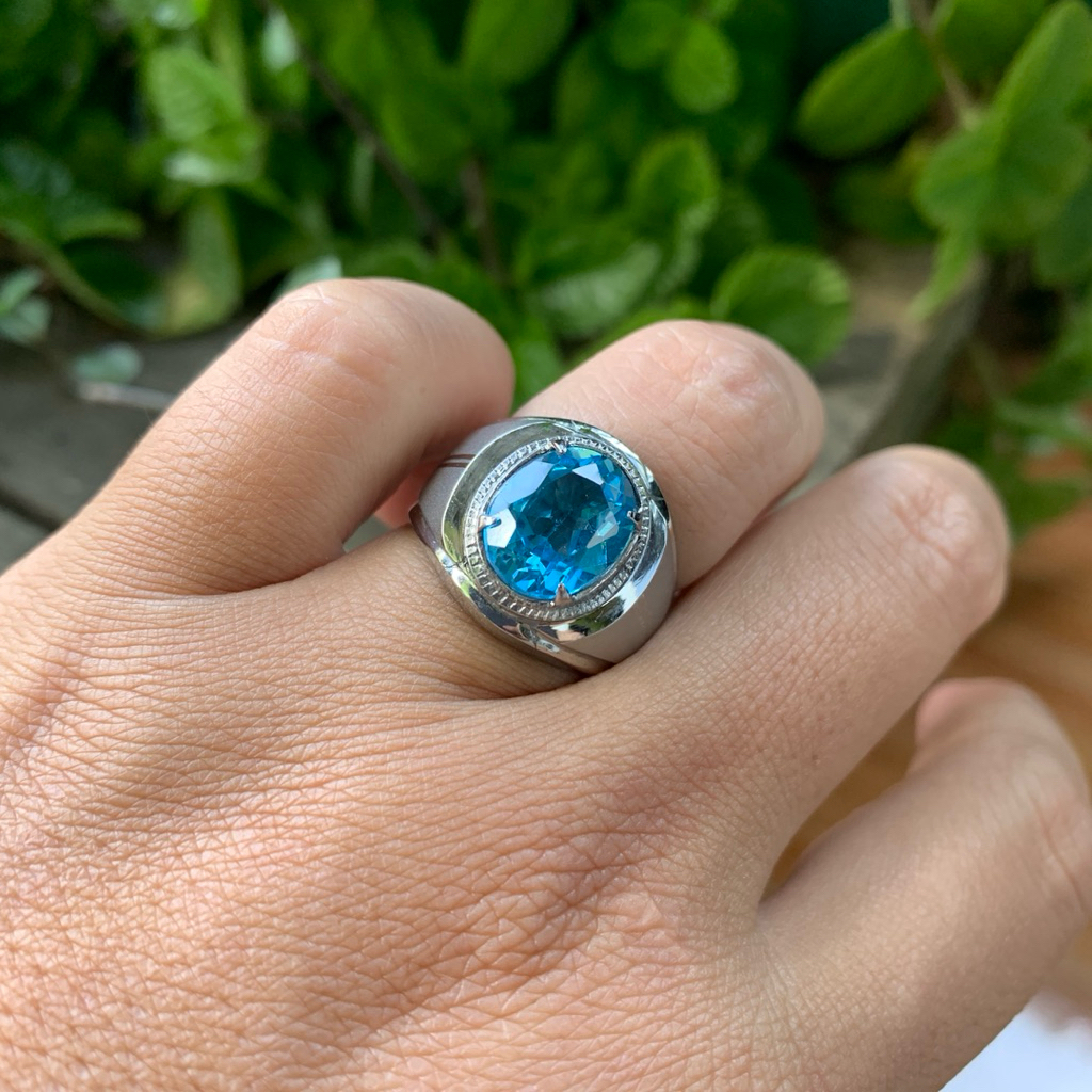 Cincin Batu Natural Blue Topaz Swiss Elektrik IRR HQ Memo Ring Monel Doff Size 7