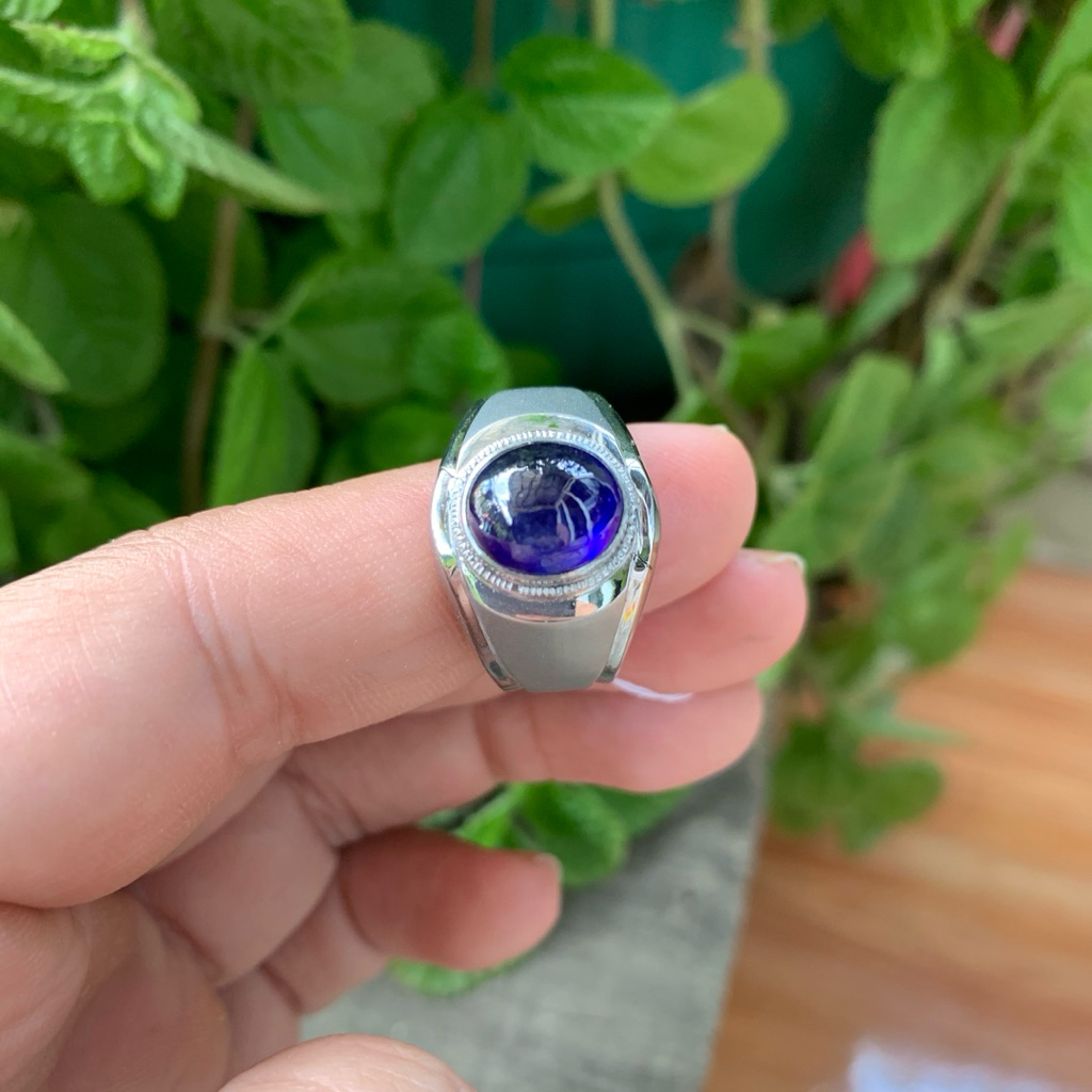 Cincin Natural Royal Blue Safir Cabochon Memo Ring Monel Handmade Doff Baja Putih Size 9,5