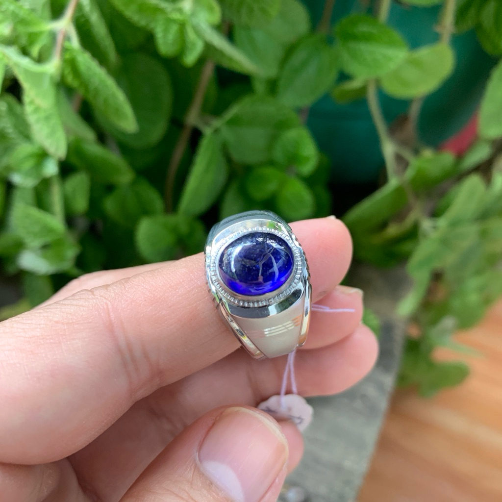 Cincin Batu Natural Royal Blue Safir Cabochon Memo Ring Monel Doff Handmade Size 10,5