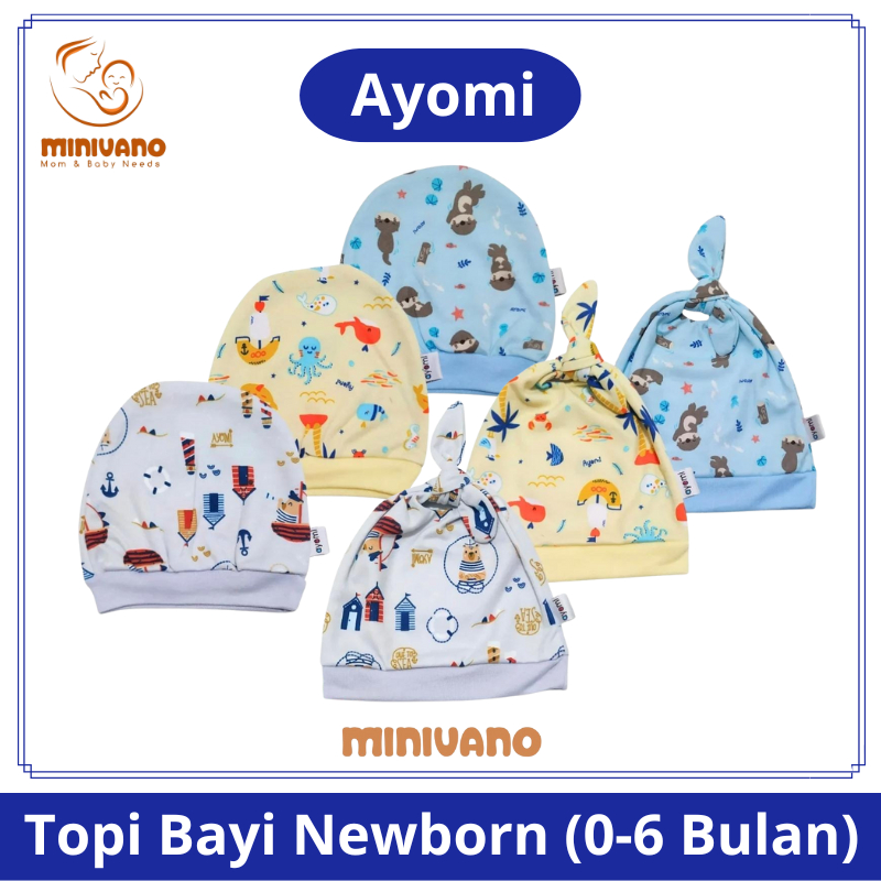 Topi Bayi Newborn - Ayomi Kupluk Anak Model Ikat Jambul - Motif Hello Sea - Topi Ketu Penutup kepala