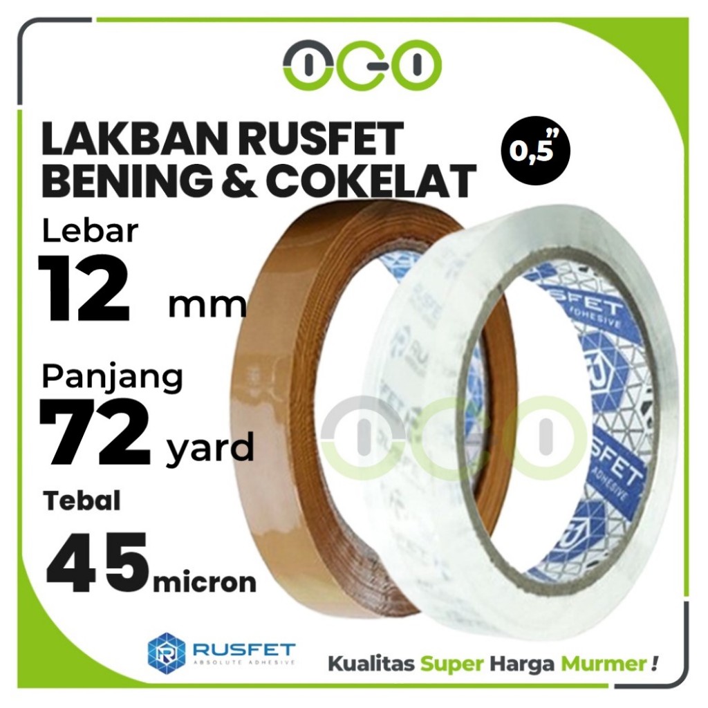 Lakban Selotip Isolasi 12mm (0,5 inch) x 72yard Super Bening Cokelat Rusfet Harga Ecer Termurah