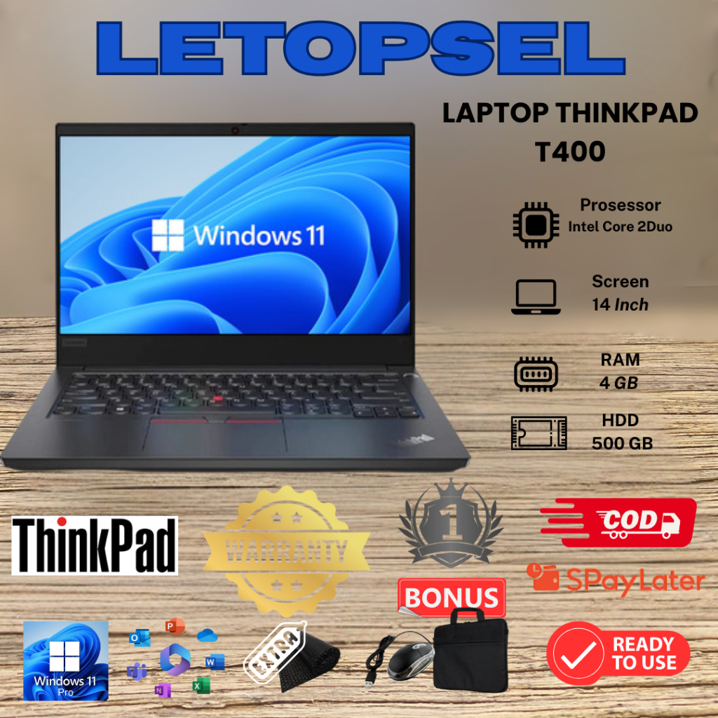 LAPTOP LENOVO THINKPAD T400 RAM 4GB/500GB - 2GB/160GB//BONUS TAS LAPTOP & MOUSE