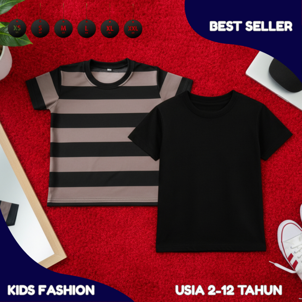 Bundling Kaos Anak Polos dan Stripe Hitam Usia 2-12 Tahun