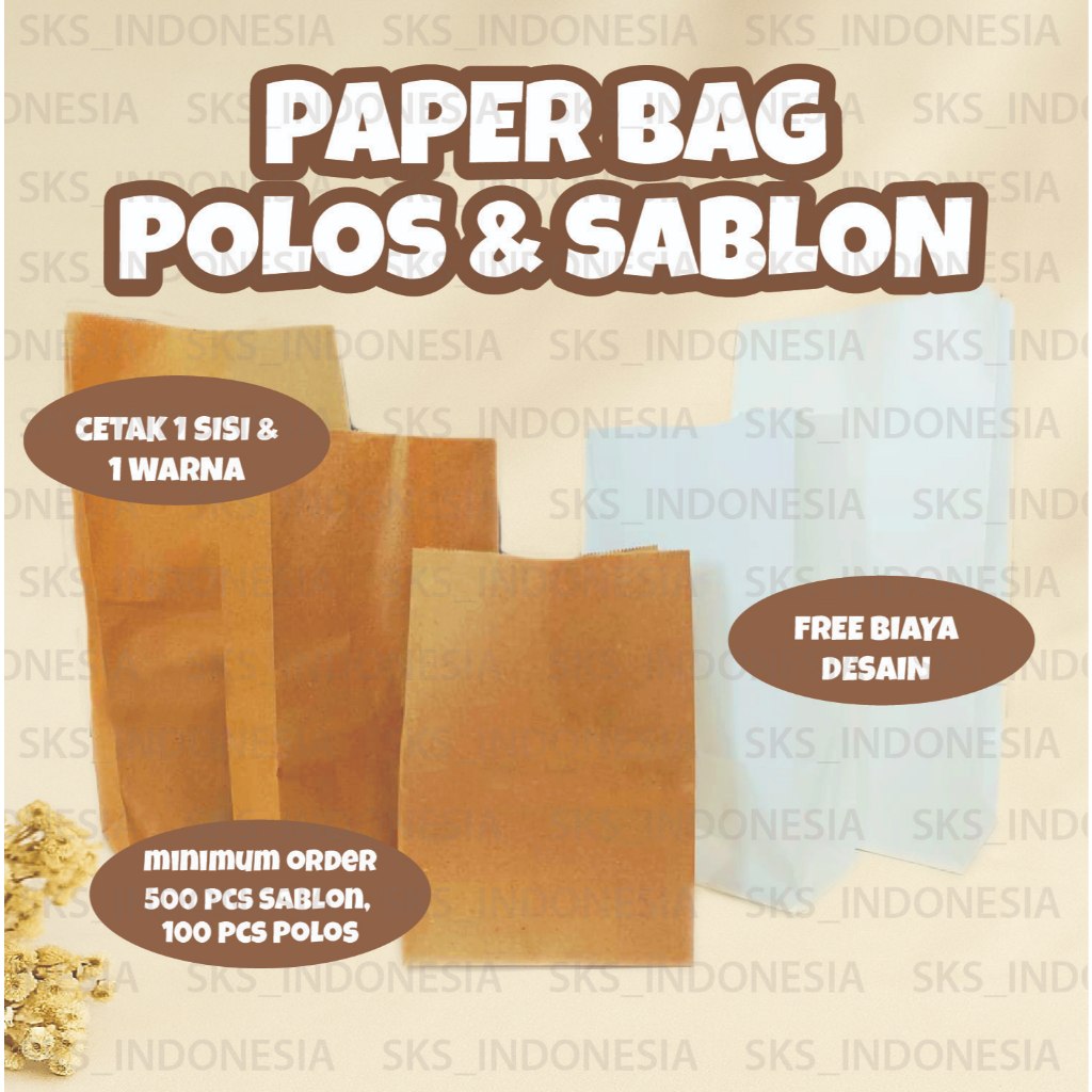 Paper Bag -SOS Polos & Sablon / Kantong Kertas Makanan Foodgrade Anti Minyak / Roti, Ayam, Snack & K