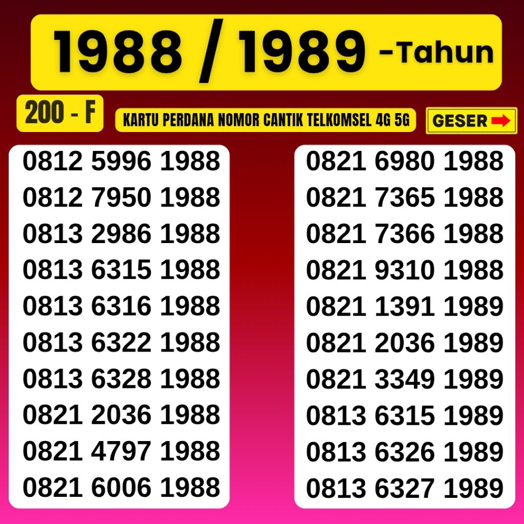 NOMOR CANTIK SIMPATI 4G & 5G TELKOMSEL NOMOR 1988 1989 KARTU PERDANA SIMPATI CANTIK KARTU PERDANA AA