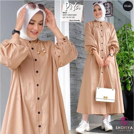 Ter;aris BISA COD Piya Midi Dress Long Dres Tunik Wanita Muslim Bahan Linen Rami Premium Polos Jumbo