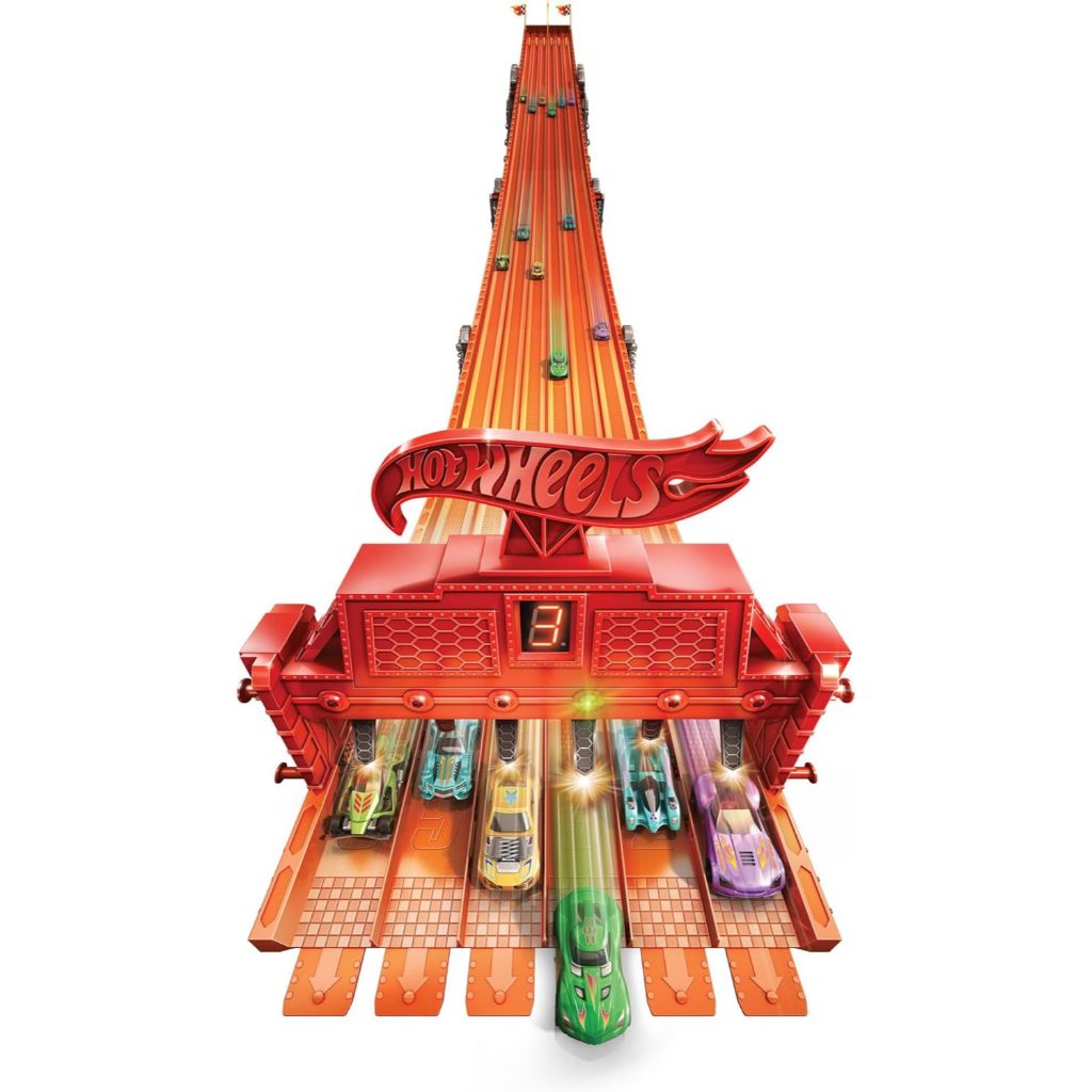 Hot Wheels Toy Car Playset with Lights, Sounds & 6 1:64 Scale Vehicles, Super 6-Lane Raceway, 8-foot