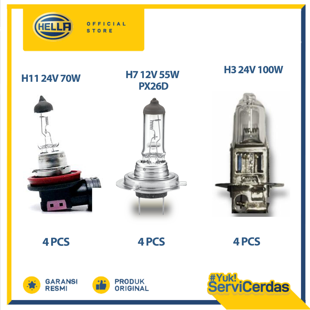 Paket Bundling Bohlam Hella H7 12V 55W,  H11 24V 70W, H3 24V 100 W - Lampu Mobil