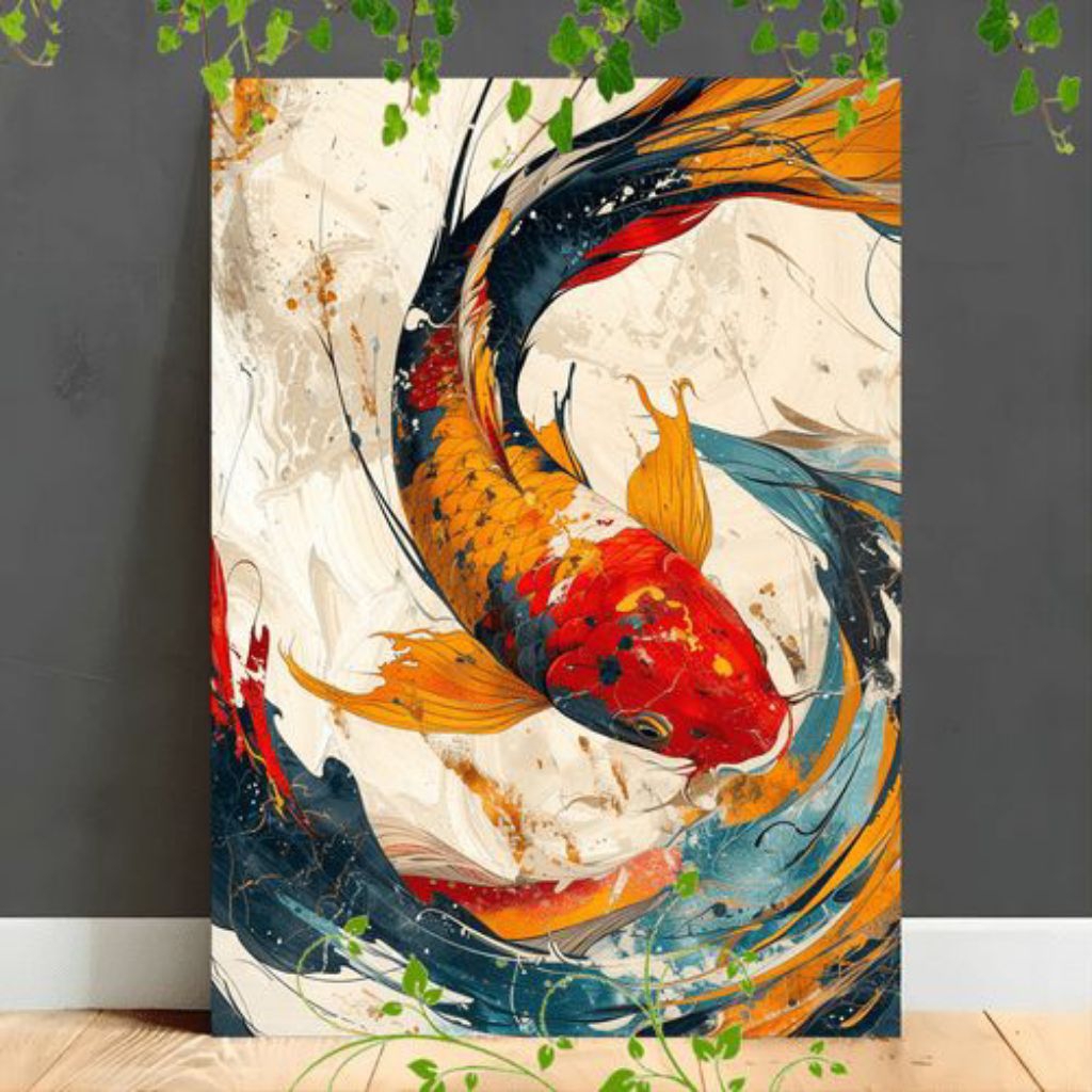Lukisan Kanvas Abstrak Ikan Koi Merah Emas | Lukisan Timbul | Lukisan Hias Premium | Lukisan Tangan 