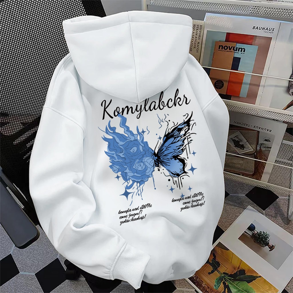 Disneay Hoodie Pria Keren Original 100% | Kupu-kupu Biru Gambaran Huruf Alfabet Amerika Vintage | Le