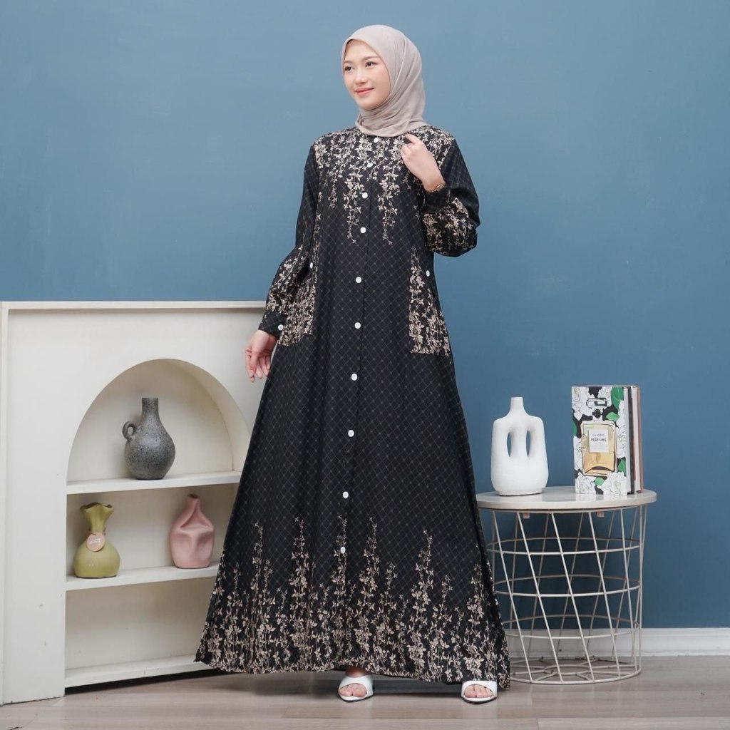 Queenza Dress Rayon Motif Terbaru Busui Gamis Lengan Balon Gamis Rayon Premium Lengan Manset