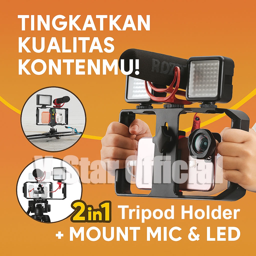 Tripod Holder HP Konten Kreator - Mount Mic & LED Untuk Vlog, Live Non Gimbal