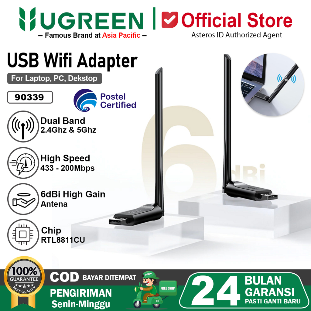 UGREEN USB Wifi Wireless Adapter 650Mbps 6dBi High Gain Antenna 90339