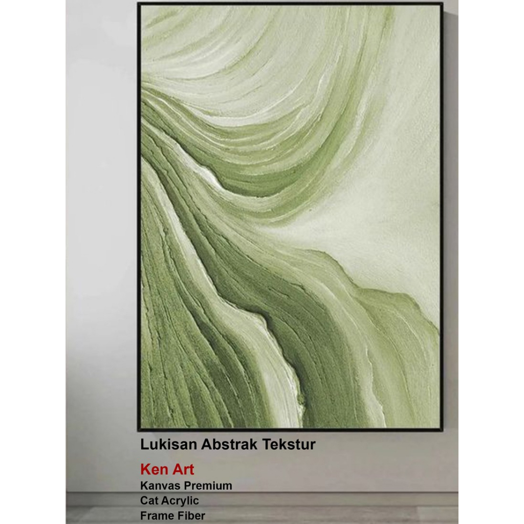 lukisan kanvas abstrak hijau tekstur tebal timbul hiasan dinding minimalis aesthetic modern art