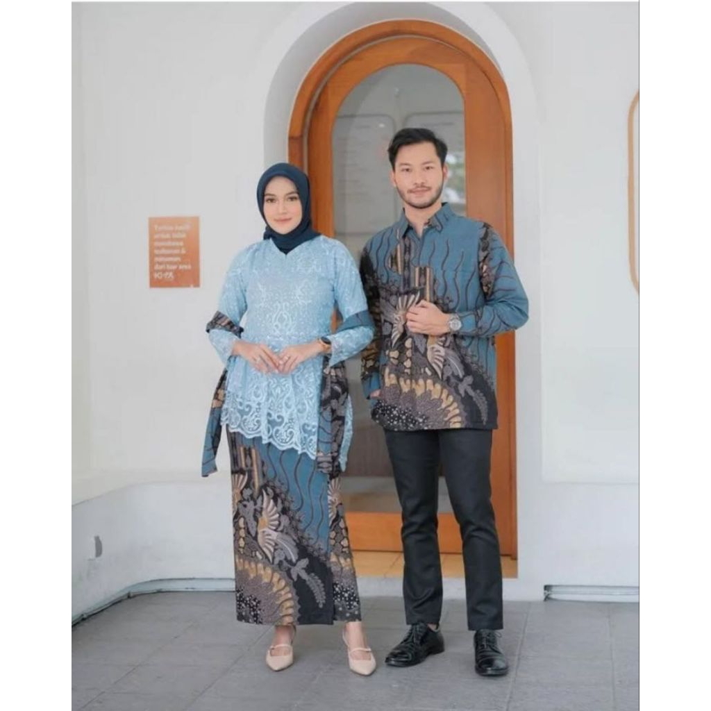 SET KEBAYA ZAHRA ICE BLUE ORI COUPLE KEMEJA PREMIUM / CUSTOM ANAK & JUMBO / BAJU SETELAN SERAGAM BAT
