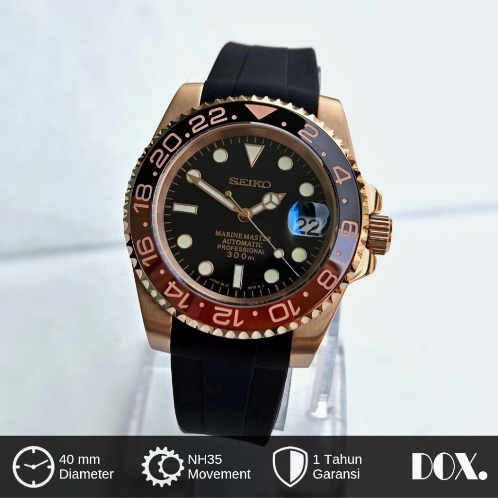 Jam Tangan Seiko Rootbeer NH35 Automatic Seikomod Strap Rubber Kaca Sapphire Diameter 40mm Bezel Cer