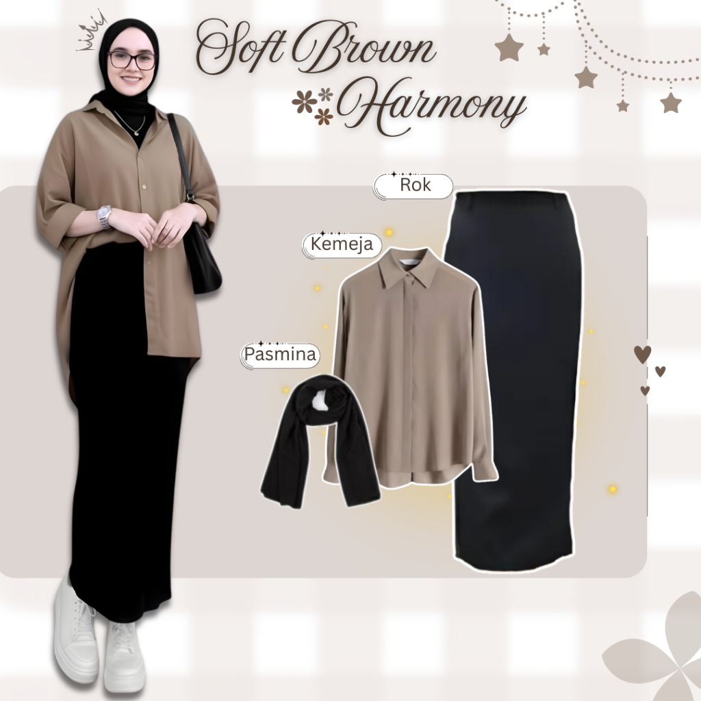 Outfit Wanita Kekinian Set Ootd Hijab (Rok Span + Kemeja Coklat + Pasmina Hitam) Ootd Korean Style -
