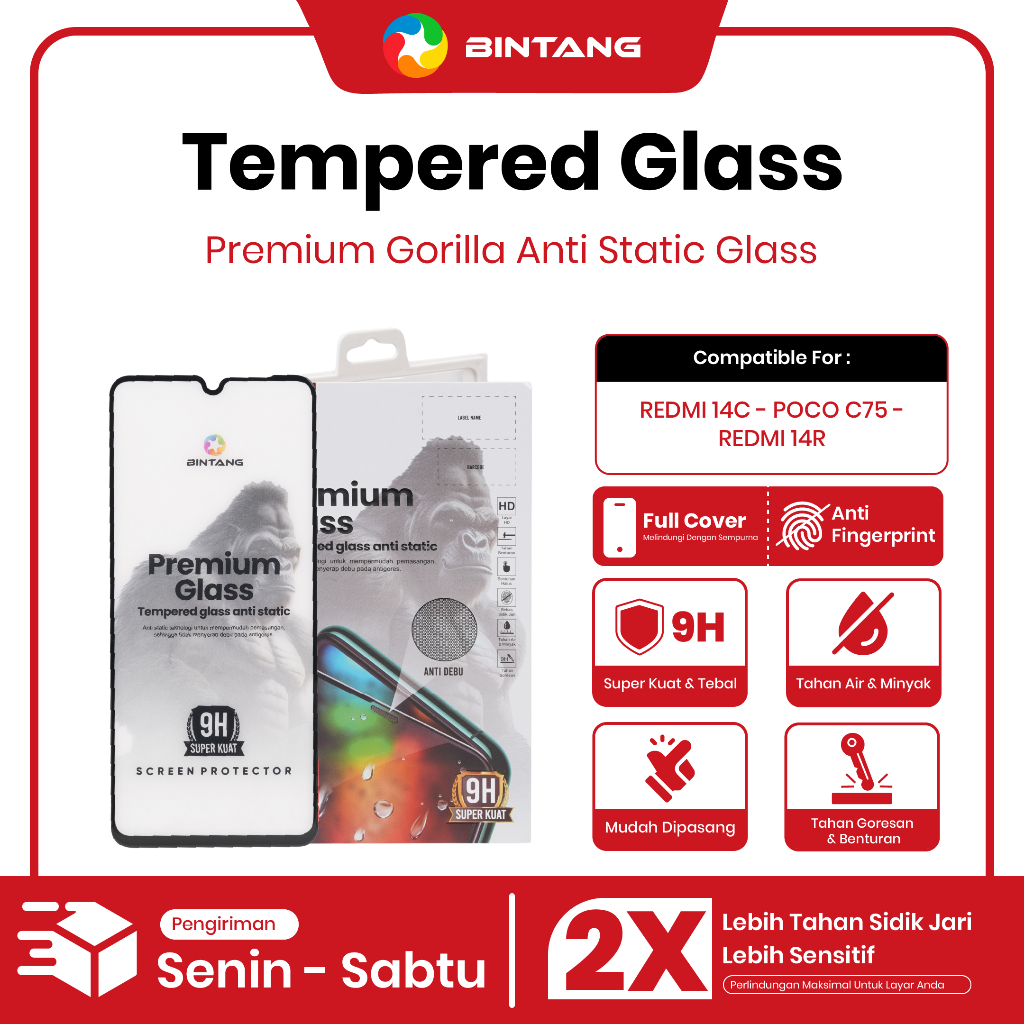 BINTANG PREMIUM Tempered Glass 9H Anti Static Gorilla Screen Protector Fullcover REDMI 14C / 14R / P