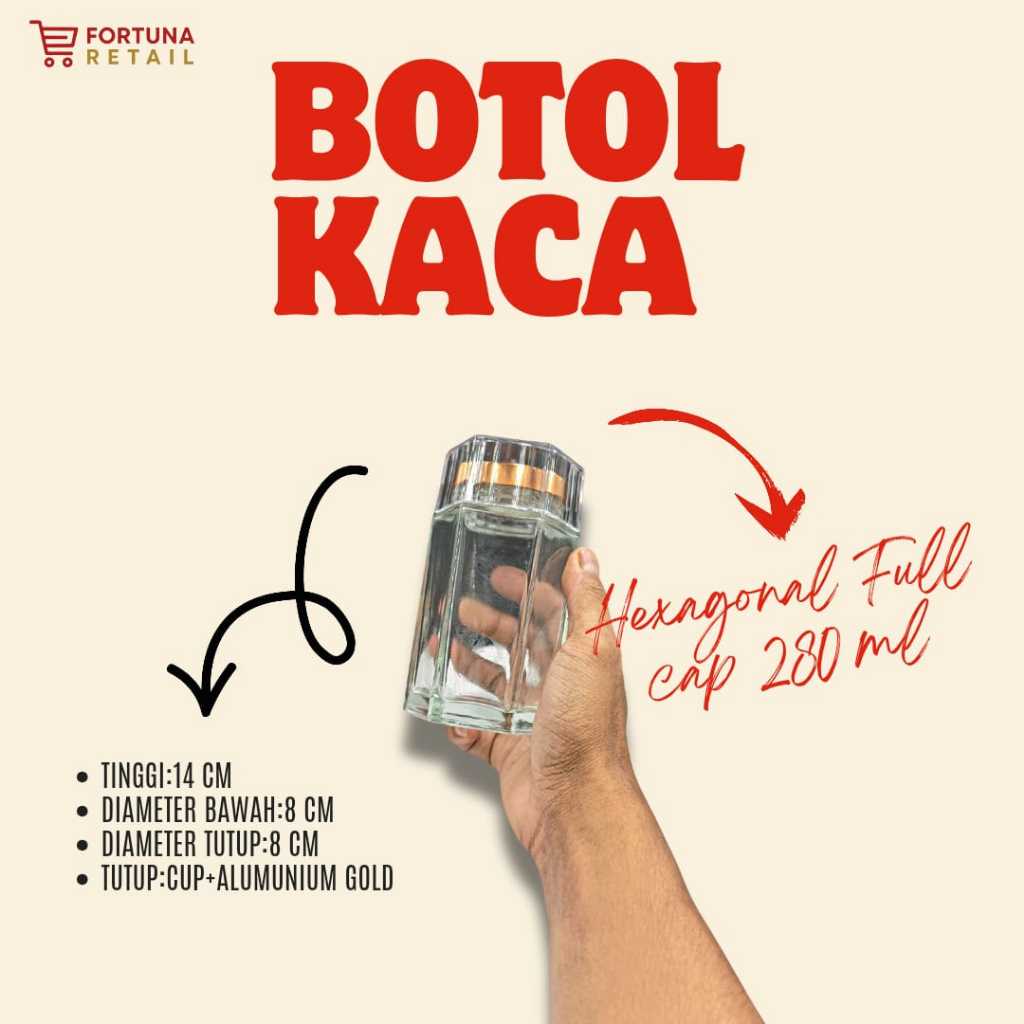 JKHXFC 280 ML/JAR KACA HEXAGONAL FULLCAP 280 ML/TUTUP ALUMUNIUM GOLD DAN CUP