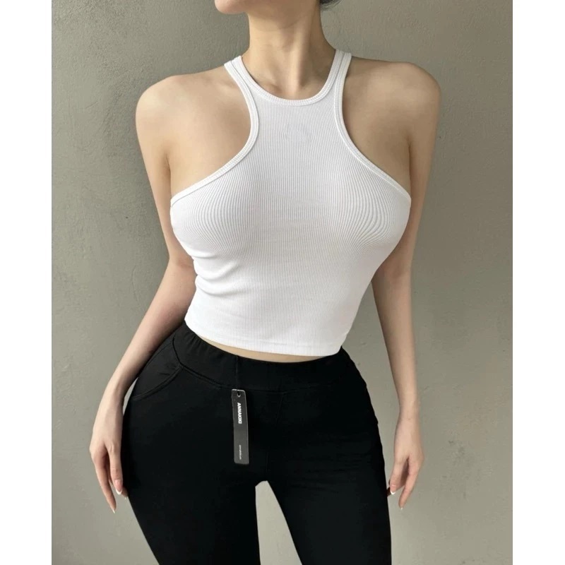 TankTop Halter Button Knit Crop Top Cewek Korean Style / Atasan Wanita Kekinian