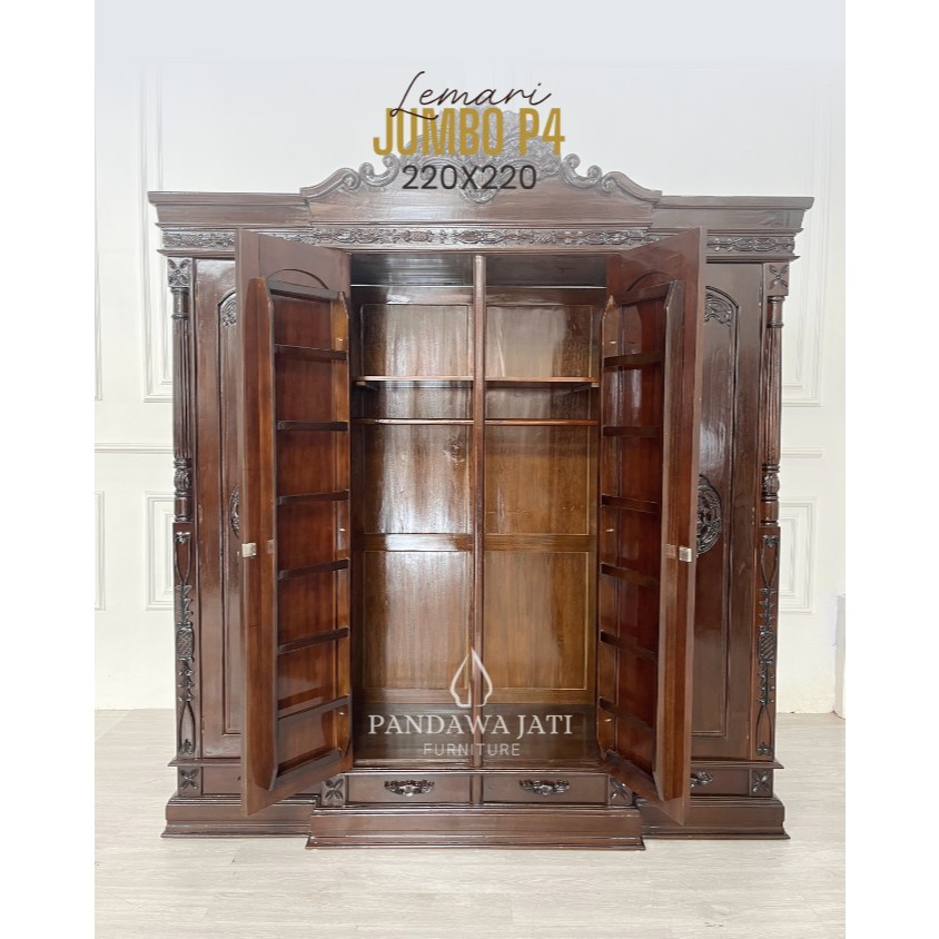Lemari Rahwana 4 Pintu | Lemari Pakaian Jati Jumbo P4 220x220 – Model Ukir Klasik Jepara