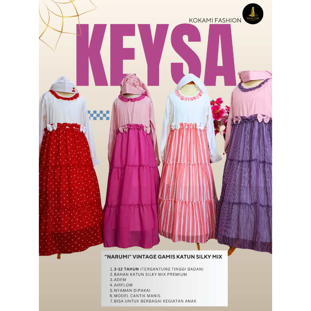 Keysa kokami Dress Gamis Anak Vintage Kekinian Adem Panjang Untuk Usia 7-12 Tahun
