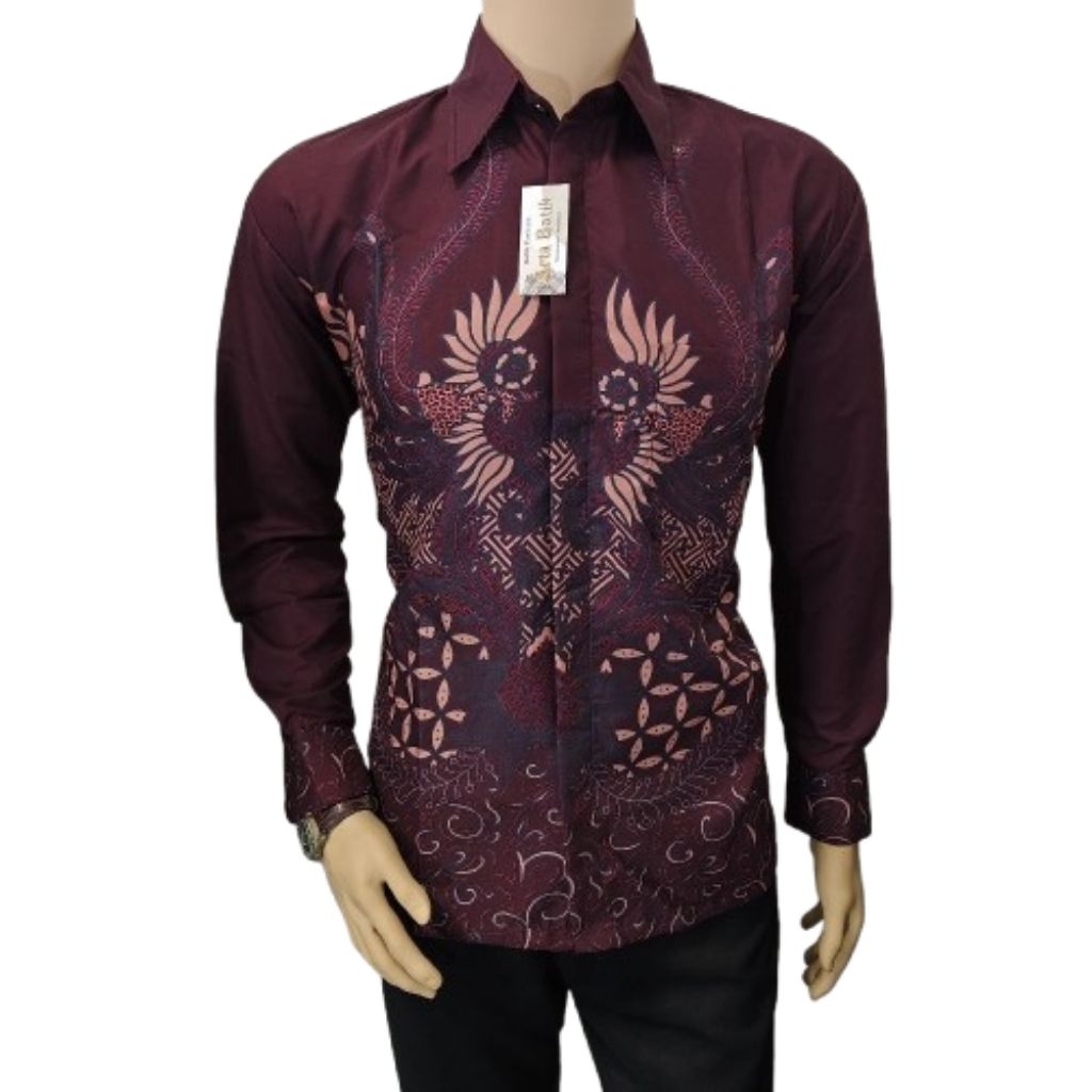 Kemeja Batik Pria Lengan Panjang Premium Warna Merah Bahan Katun Baju Batik Pria Seragam Kerja Forma