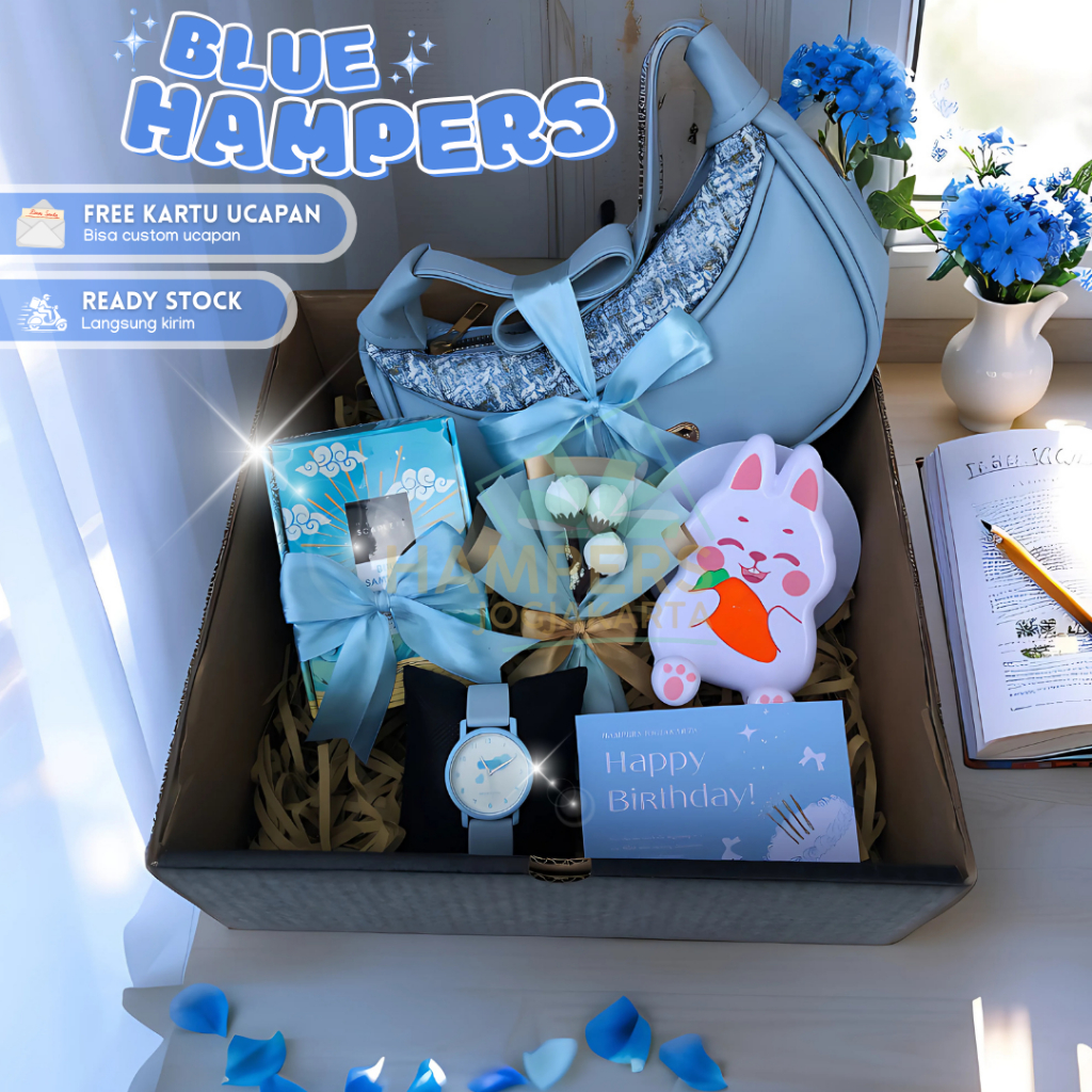 Hampers Kado Ulang Tahun Wanita Blue Elegan Tas Parfum Jam Tangan - Kado Ultah Anniversary Cewe
