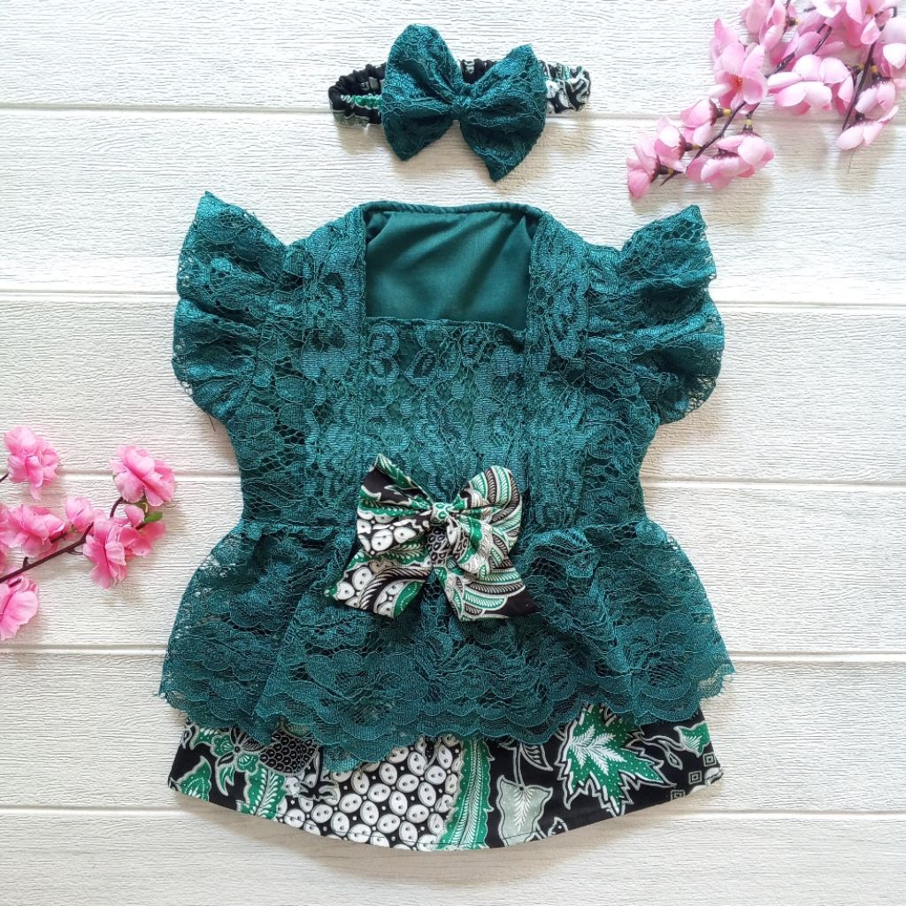 Kebaya Anak Bayi Perempuan 1 Tahun Setelan Kutu Baru Emerald Brukat Batik Free Bando