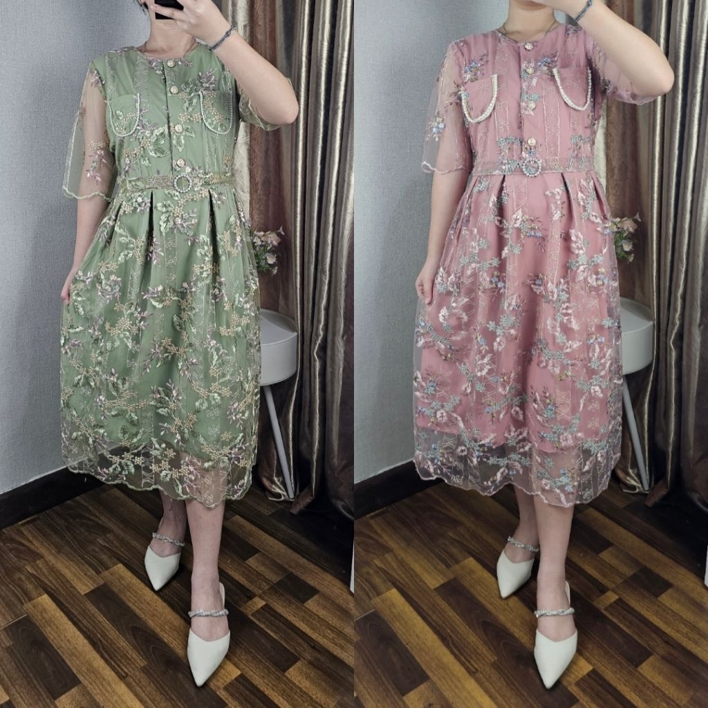 Dress Midi Fashion Korea Gaun Kondangan Mutiara, Kancing Bahan Brukat Lapis Furing Z216