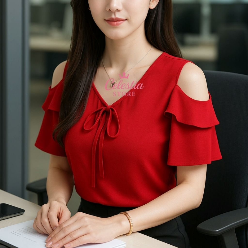 BLOUSE WANITA KOREA BAHU BOLONG bahan ringkel VYFU-031