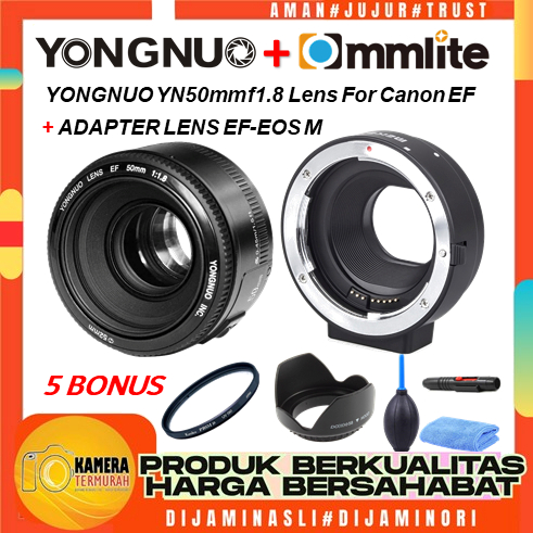 LENSA YONGNUO 50MM F1.8 AF CANON + ADAPTER COMMLITE MOUNT CANON TO EOS M MIRRORLESS