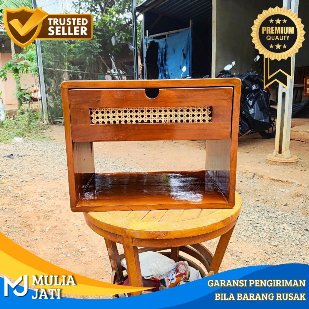 Meja Nakas Gantung Kombinasi Rotan - Meja Dinding Samping Tempat Tidur - Meja Nakas Dinding - Nakas 