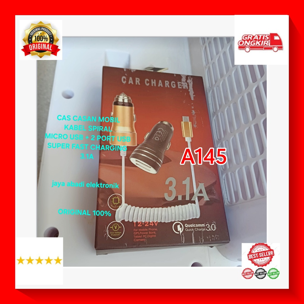 A145 ADAPTOR SAVER ORI 100% 3A 3 A CAR CHARGER SPIRAL SPRING TRAVEL ADAPTER CAS CASAN MOBIL 2 USB CH