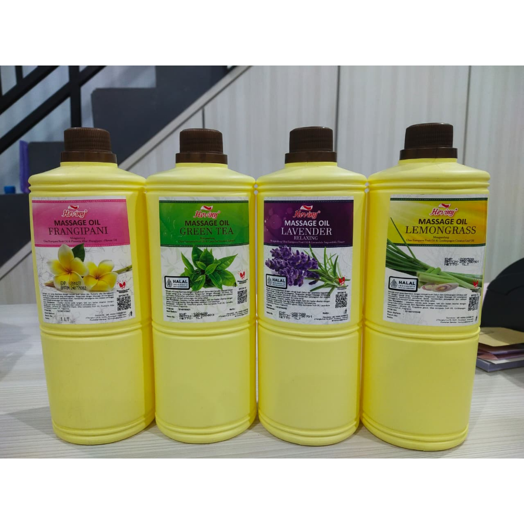HEVINY MASSAGE OIL 1 LITER MINYAK PIJAT FRANGIPANI, GREENTEA, LAVENDER, LEMOGRASS